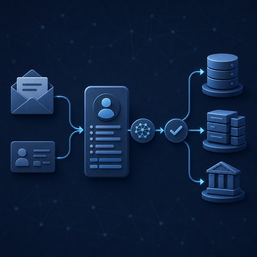 AI Business Partner Configurator workflow from contact information to validated ERP and CRM master data