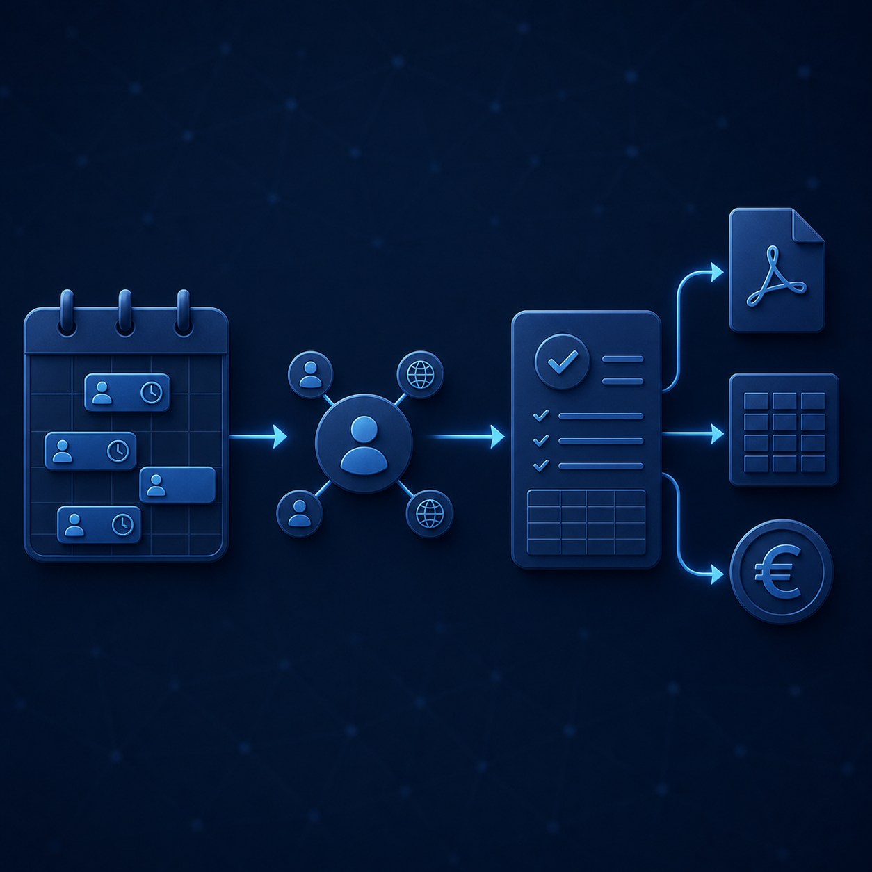 Chronivo workflow from calendar appointments through client matching to approved PDF and Excel timesheets