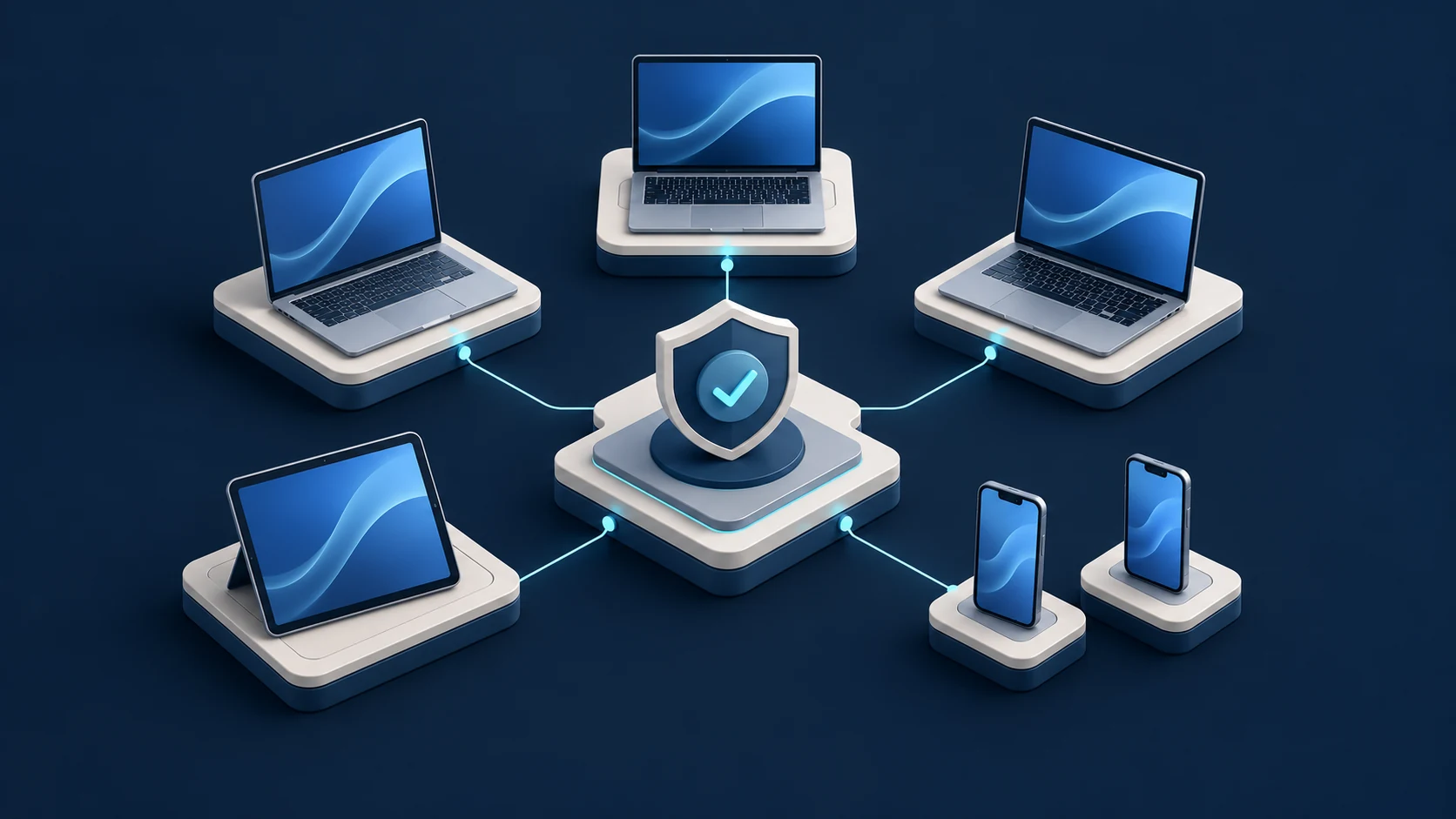 A centrally managed fleet of laptops, tablets and smartphones with shared security policies