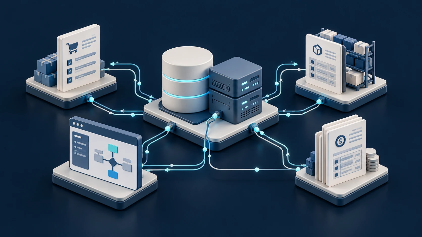 ERP extensions linking purchasing, inventory and invoicing through a central database and APIs