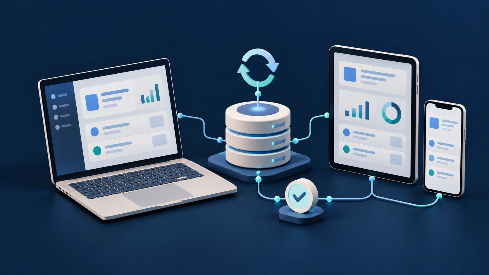 Cross-platform business apps connecting laptop, tablet and smartphone to synchronized shared data